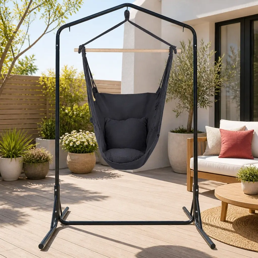 Outdoor Hammock Chair with Stand Swing Hanging Pillow Grey Garden Furniture