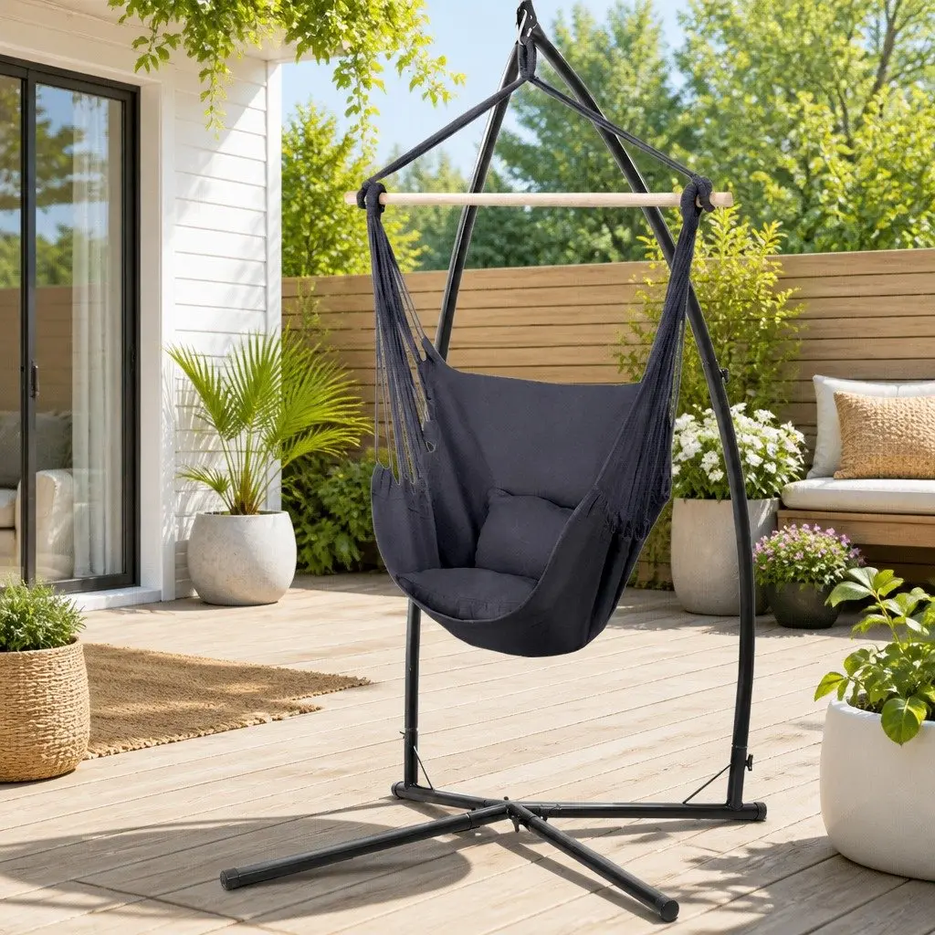 Hammock Chair Grey with Steel Stand Frame for Relaxation Indoor Outdoor