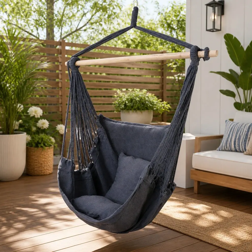 Hammock Chair Grey 100cm Indoor Outdoor Relaxation with Cushions
