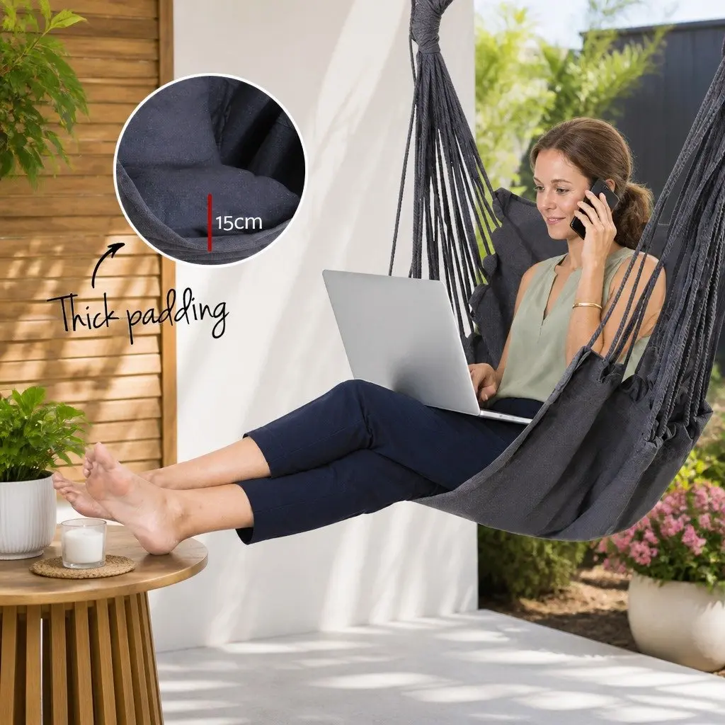 Hammock Chair Grey 100cm Indoor Outdoor Relaxation with Cushions