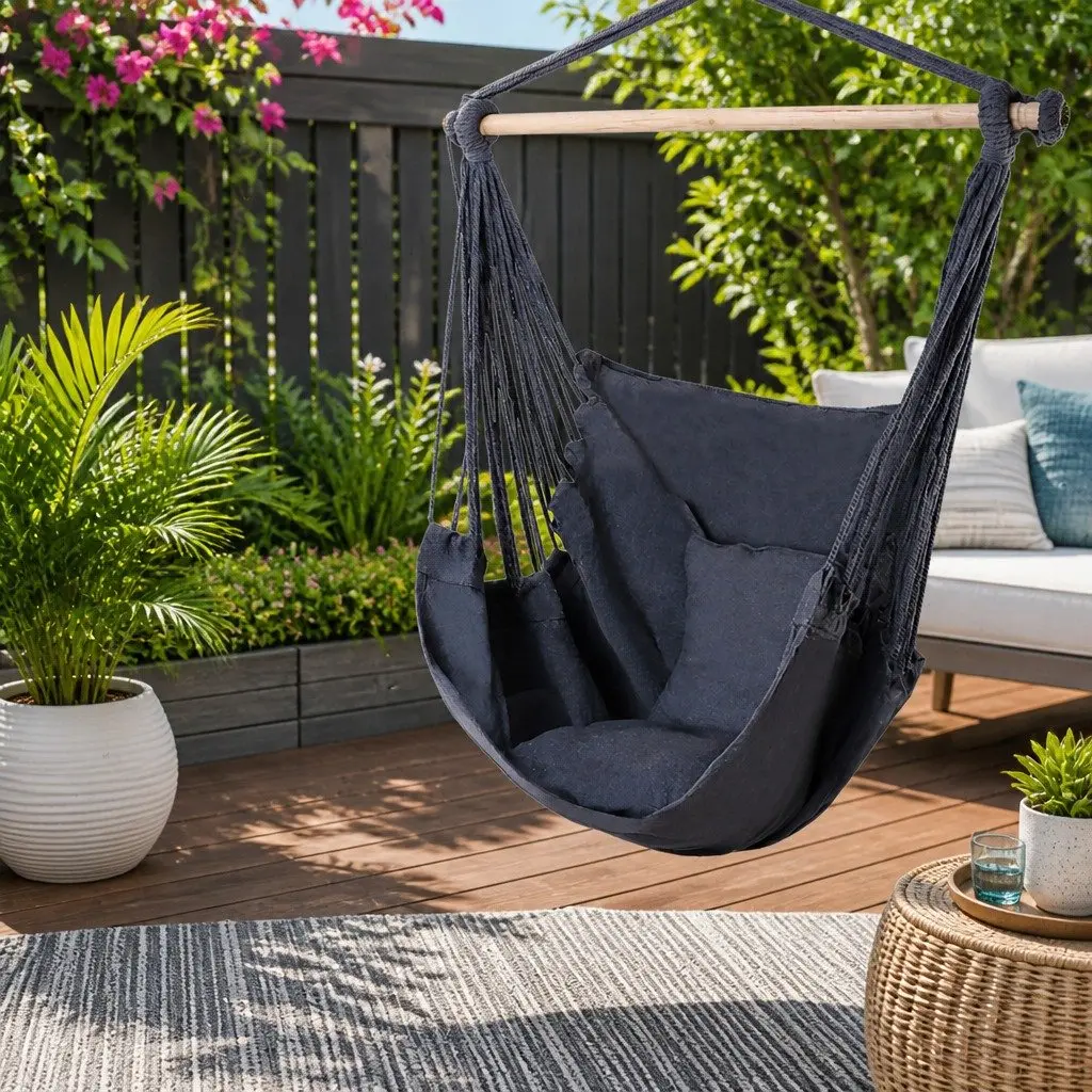 Hammock Chair Grey 100cm Indoor Outdoor Relaxation with Cushions