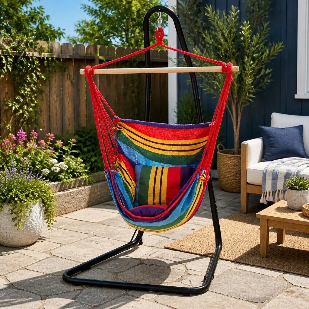 Hammock Chair Black Adjustable Height Steel Frame Stand Padded Seat Indoor Outdoor Relaxation
