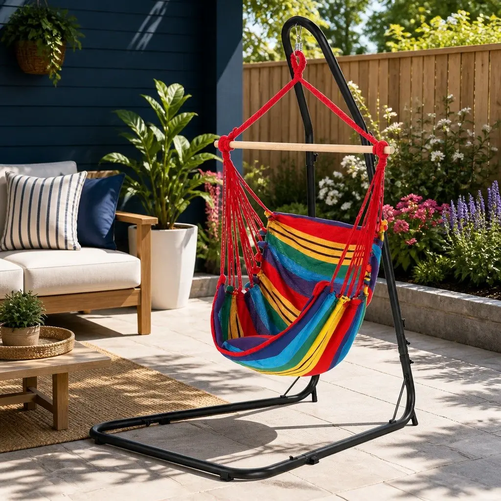 Hammock Chair Black Adjustable Height Steel Frame Stand Padded Seat Indoor Outdoor Relaxation