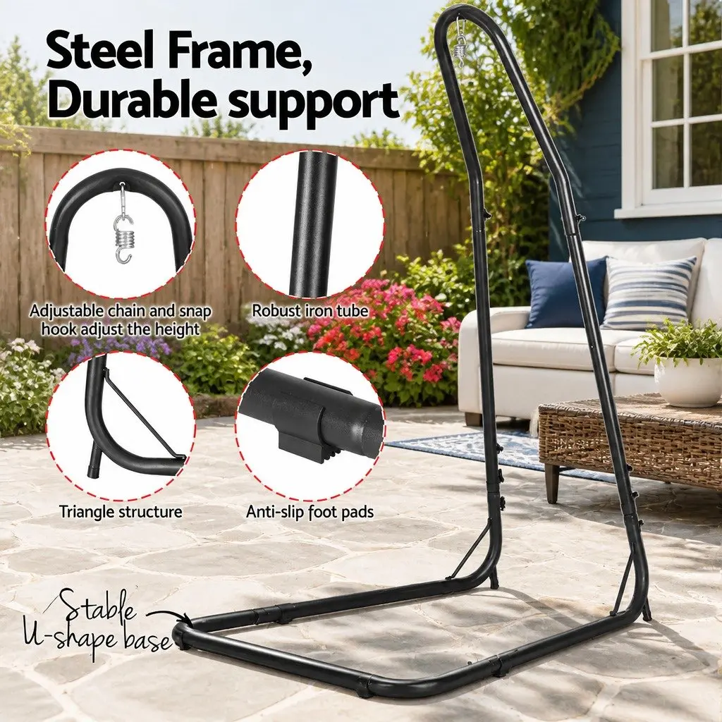 Hammock Chair Black Adjustable Height Steel Frame Stand Padded Seat Indoor Outdoor Relaxation