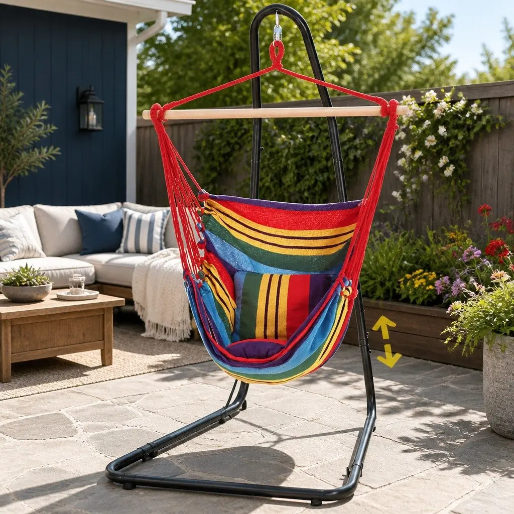 Hammock Chair Black Adjustable Height Steel Frame Stand Padded Seat Indoor Outdoor Relaxation