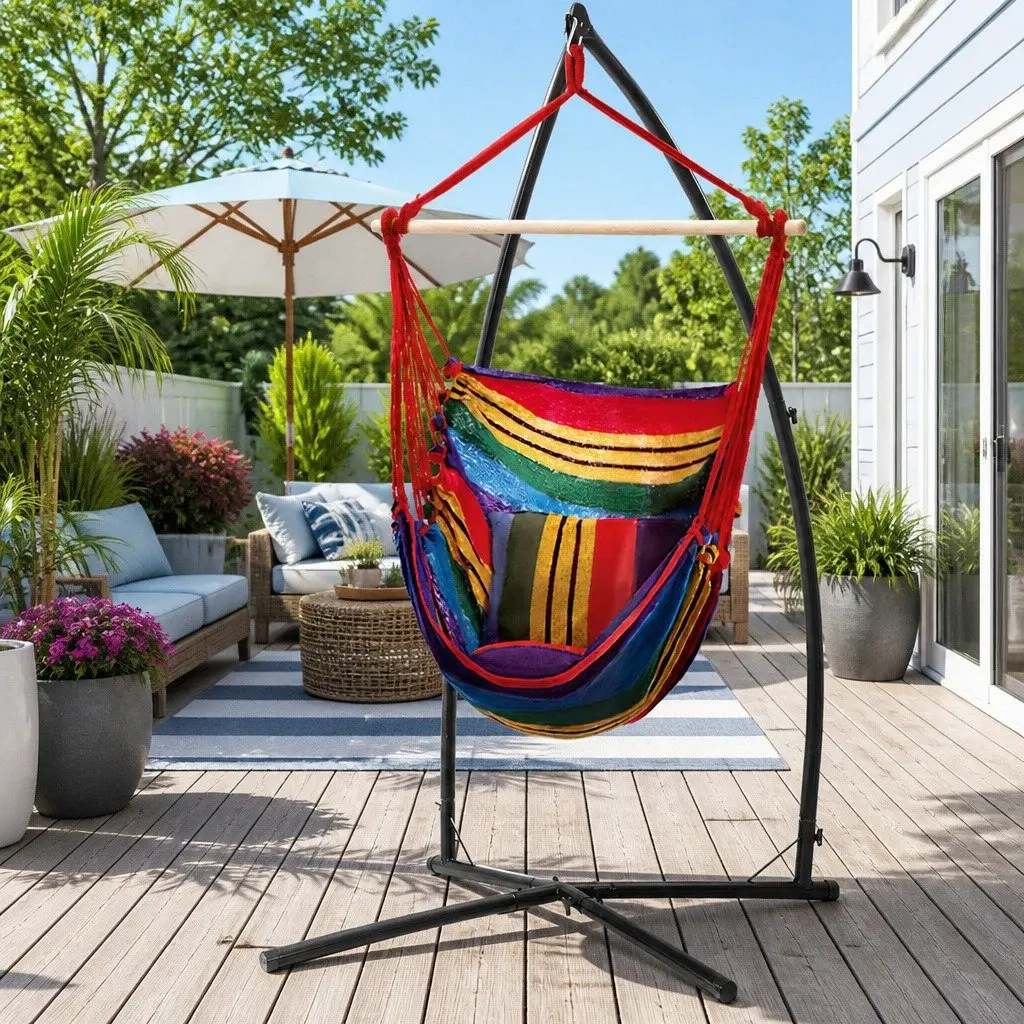 Hammock Chair Rainbow 100cm with Steel Stand Indoor Outdoor Durable Polyester Cotton Blend