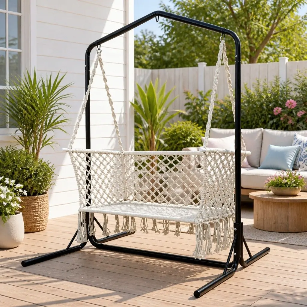 Hammock Chair Cream 2 Seater Handmade with Stand Outdoor Indoor Relaxation