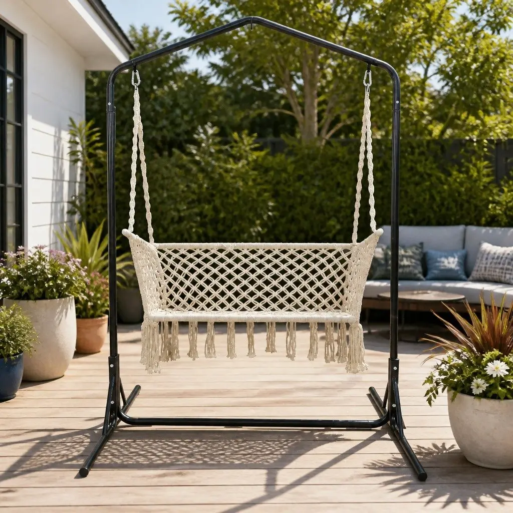Hammock Chair Cream 2 Seater Handmade with Stand Outdoor Indoor Relaxation