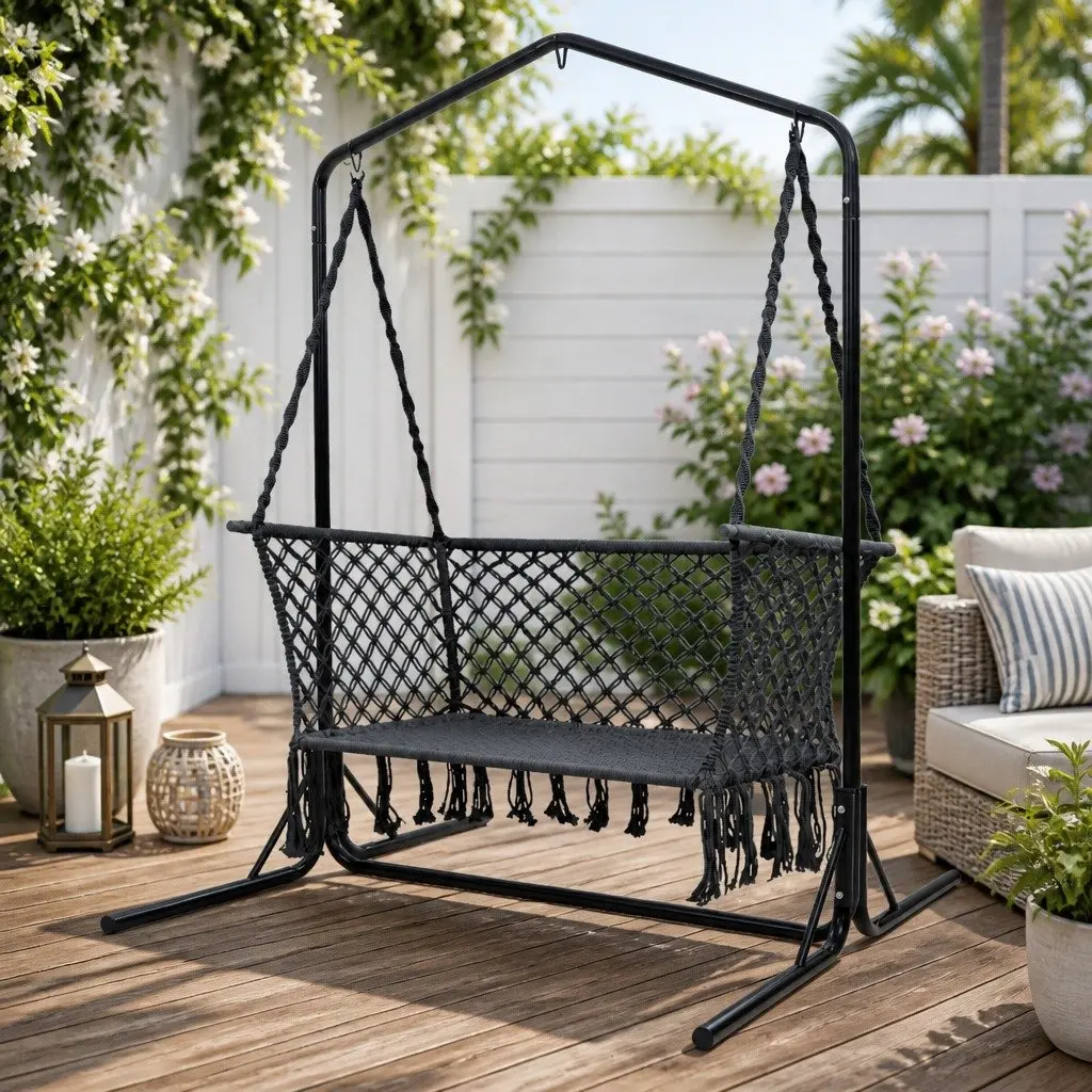 Hammock Chair Macrame 2 Seater Outdoor Garden Relaxation Lounger with Stand