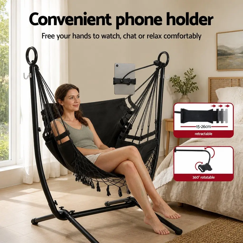 Hammock Chair Stand Iron Frame with Phone Holder Black Outdoor Indoor