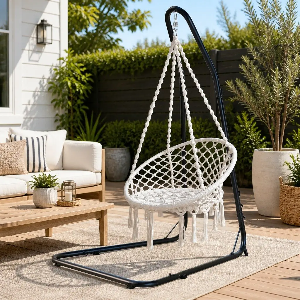 Hammock Hanging Chair Cream with Steel Stand Indoor Outdoor Relaxation Swing