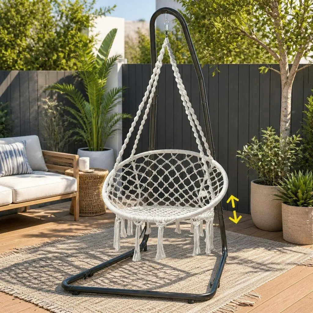 Hammock Hanging Chair Cream with Steel Stand Indoor Outdoor Relaxation Swing