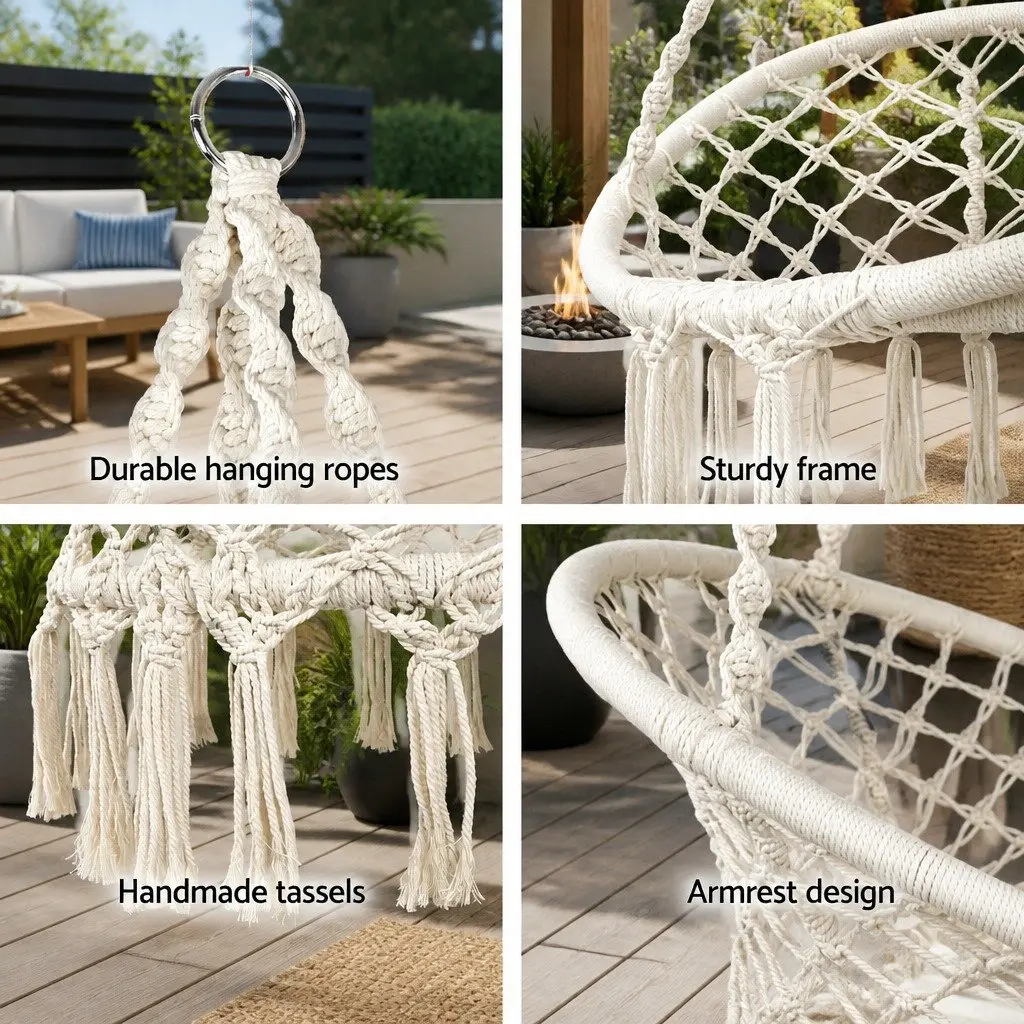 Hammock Chair Cream 124CM with Stand Cotton Swing Relax Hanging 360° Rotation