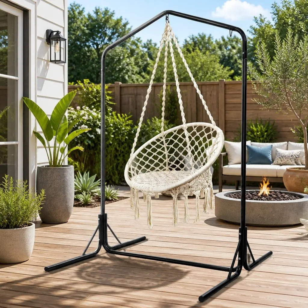 Hammock Chair Cream 124CM with Stand Cotton Swing Relax Hanging 360° Rotation