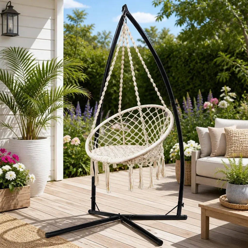 Hammock Chair Cream 60cm Macrame with Steel Stand Outdoor Swinging Relaxation Seat