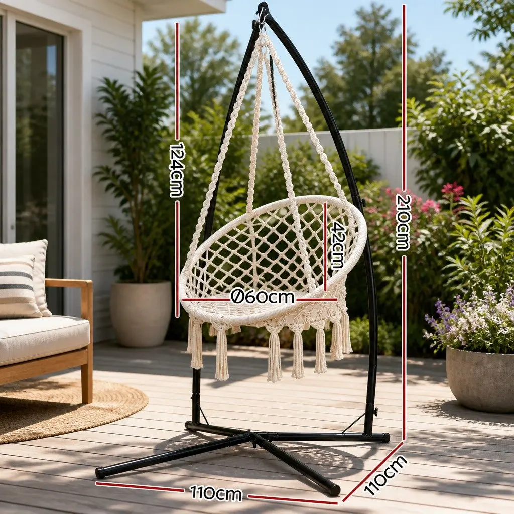 Hammock Chair Cream 60cm Macrame with Steel Stand Outdoor Swinging Relaxation Seat