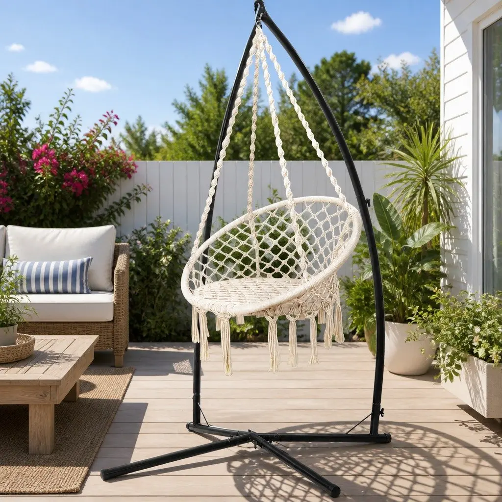Hammock Chair Cream 60cm Macrame with Steel Stand Outdoor Swinging Relaxation Seat