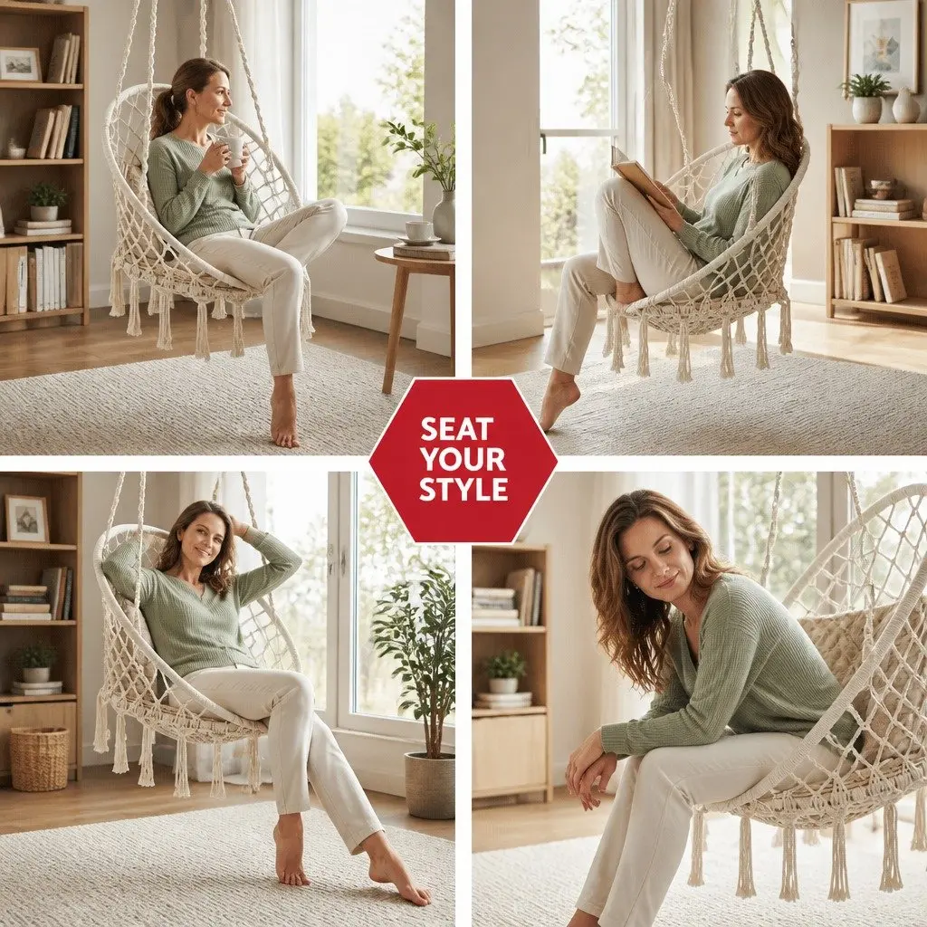Hammock Chair Cream Indoor Outdoor Hanging Macrame Cotton Relaxation Swing