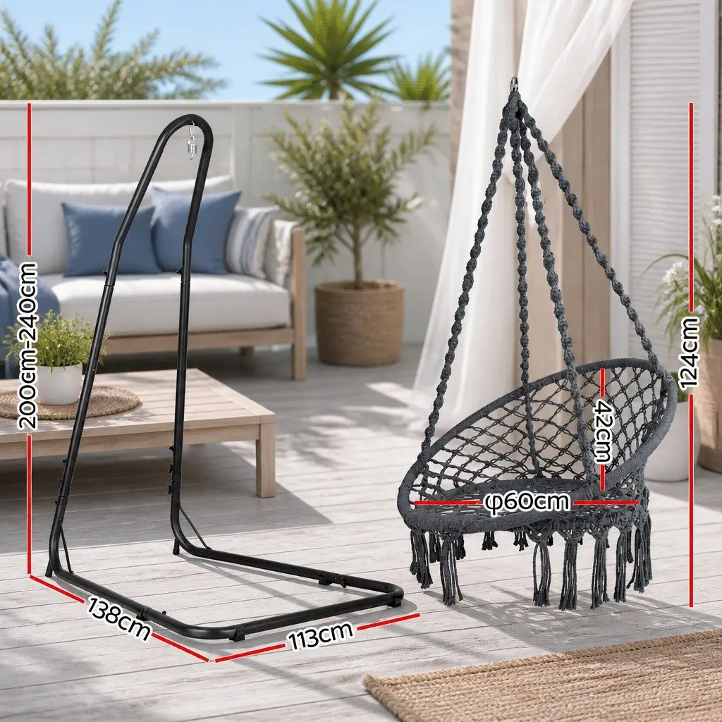 Hammock Hanging Chair Grey with Steel Stand Adjustable Height Indoor Outdoor Relaxation