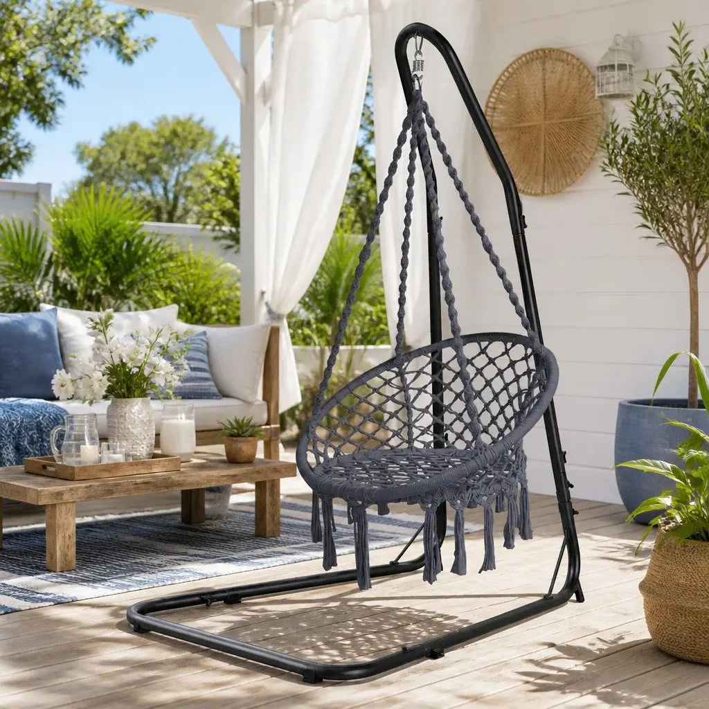 Hammock Hanging Chair Grey with Steel Stand Adjustable Height Indoor Outdoor Relaxation