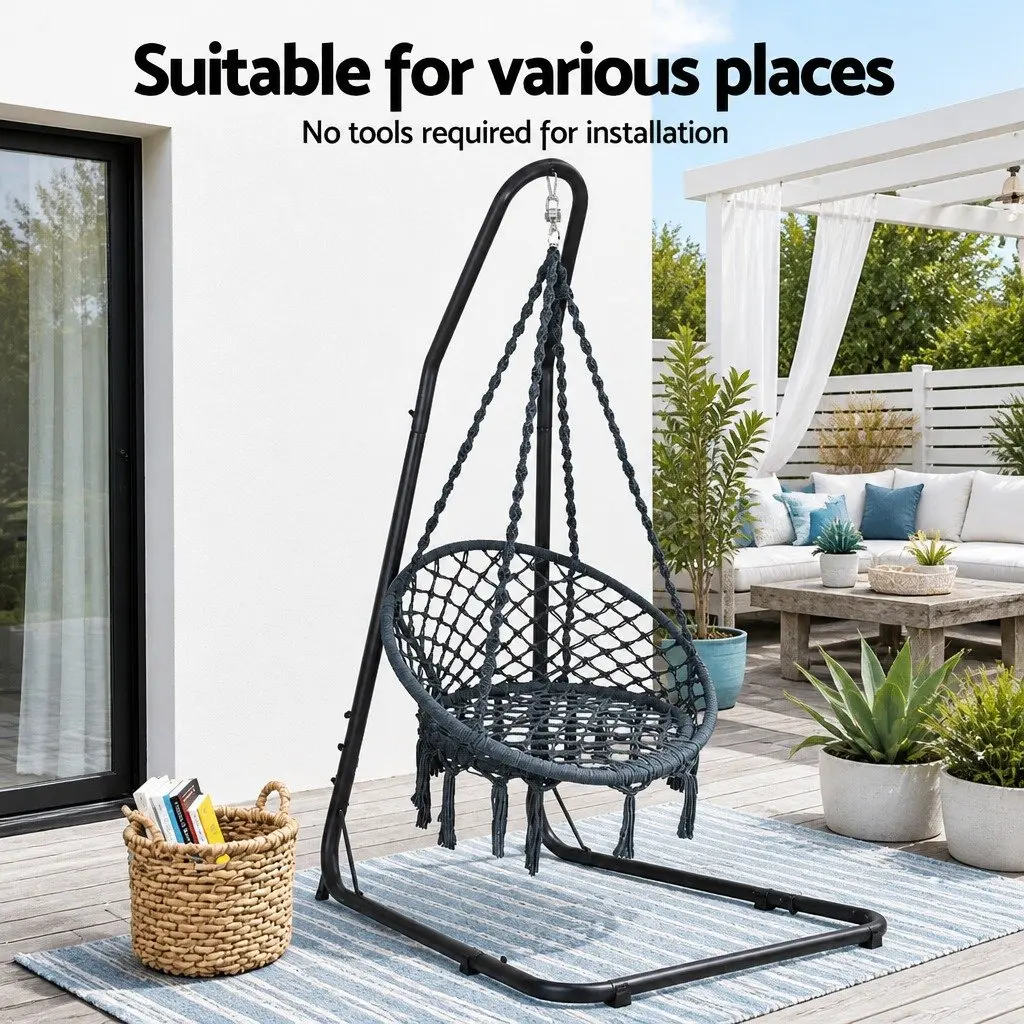 Hammock Hanging Chair Grey with Steel Stand Adjustable Height Indoor Outdoor Relaxation