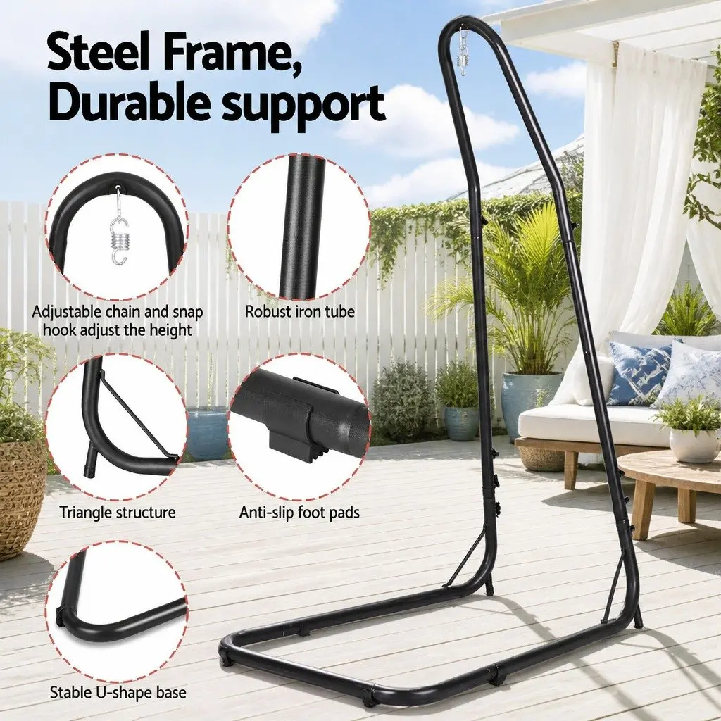 Hammock Hanging Chair Grey with Steel Stand Adjustable Height Indoor Outdoor Relaxation