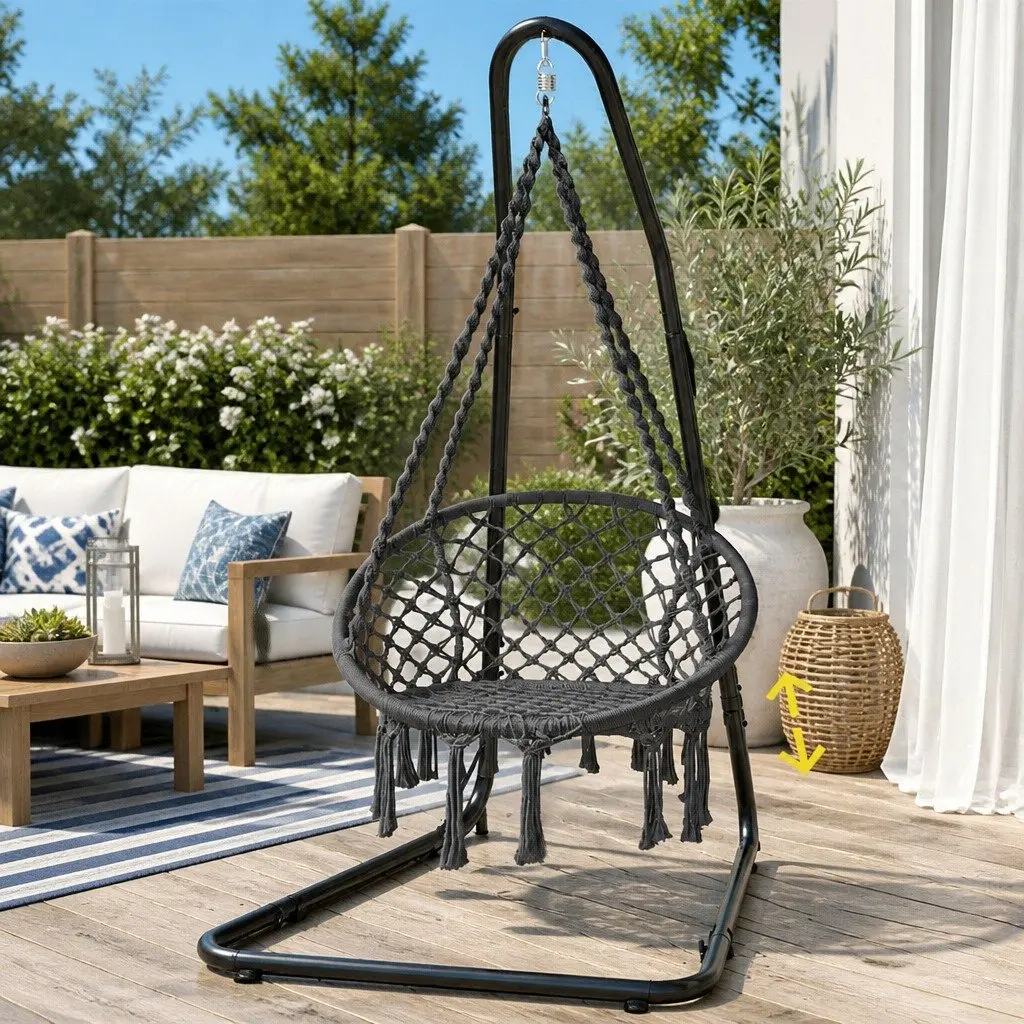 Hammock Hanging Chair Grey with Steel Stand Adjustable Height Indoor Outdoor Relaxation