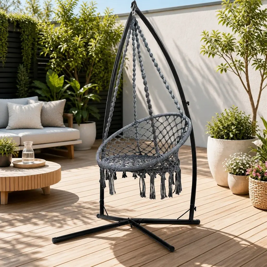 Hammock Chair with Steel Stand Macrame Outdoor Swinging Relaxation Furniture
