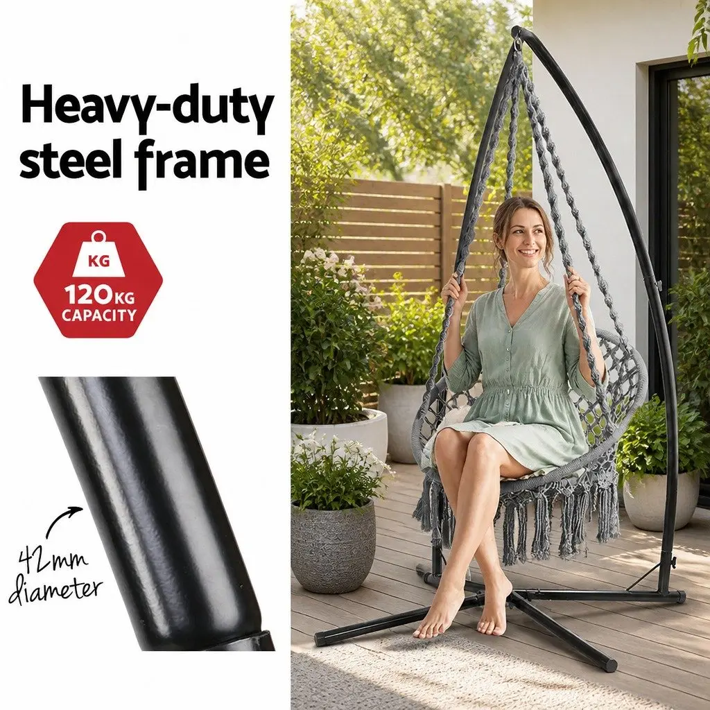 Hammock Chair with Steel Stand Macrame Outdoor Swinging Relaxation Furniture