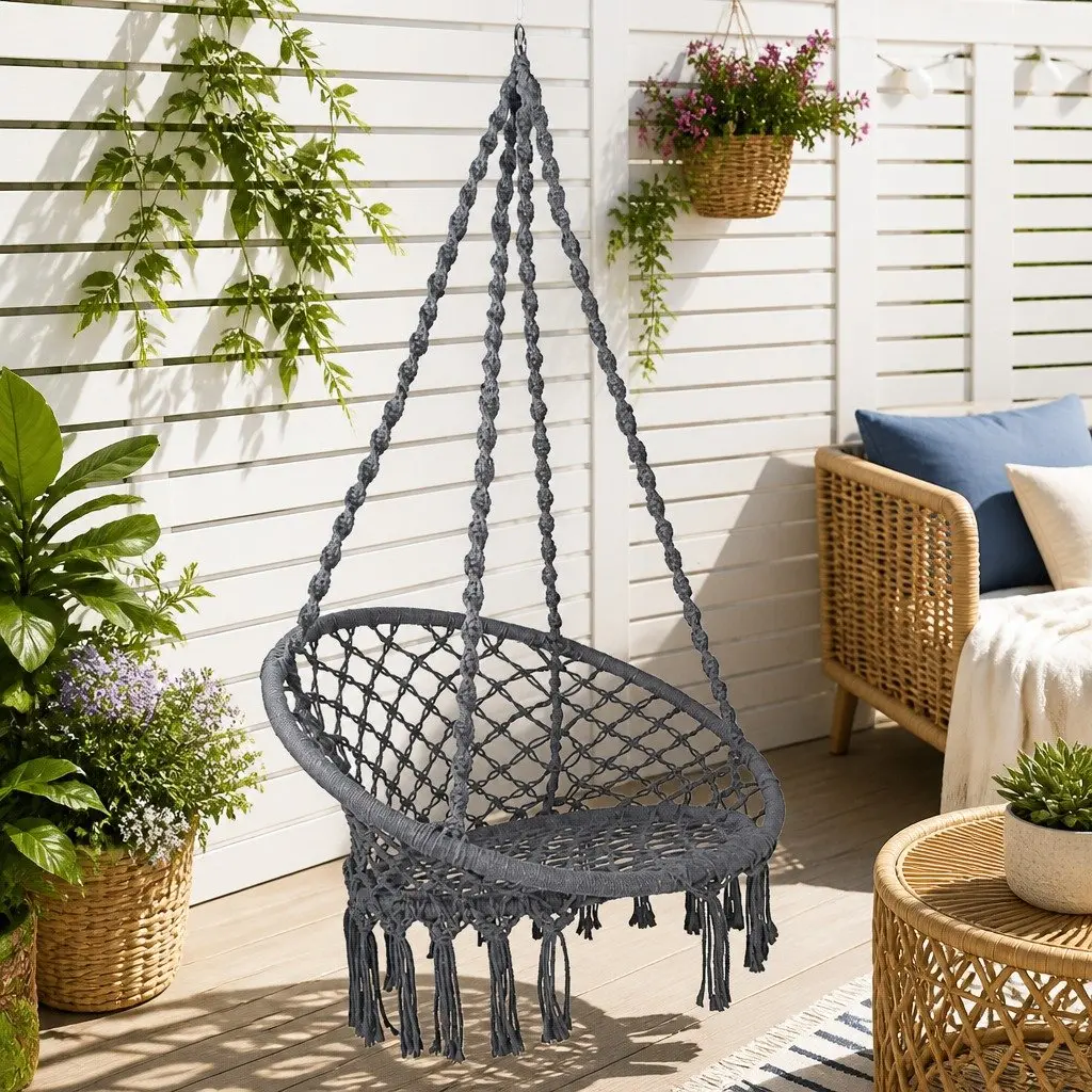 Hammock Chair Grey Indoor Outdoor Macrame Cotton Relaxation Swing