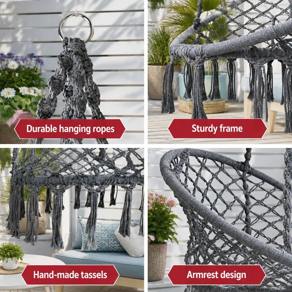 Hammock Chair Grey Indoor Outdoor Macrame Cotton Relaxation Swing