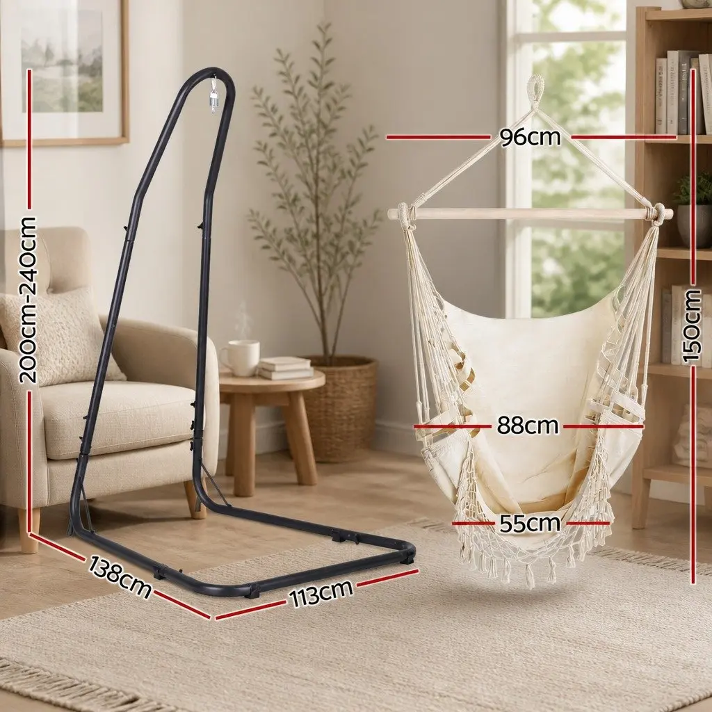 Hammock Hanging Chair Cream with Steel Stand Indoor Outdoor Relaxation Swing Seat