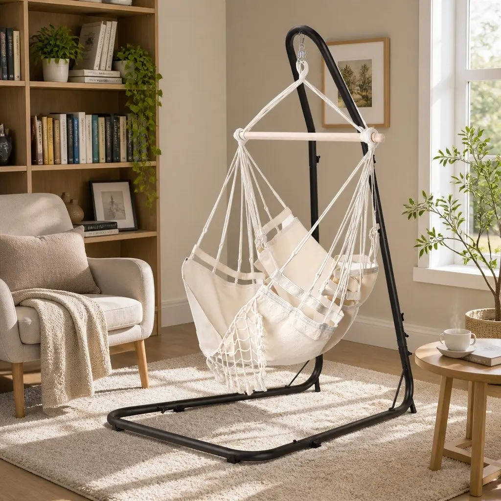 Hammock Hanging Chair Cream with Steel Stand Indoor Outdoor Relaxation Swing Seat