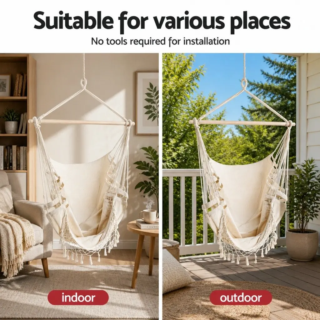 Hammock Hanging Chair Cream with Steel Stand Indoor Outdoor Relaxation Swing Seat