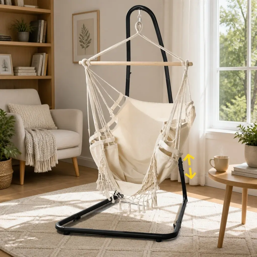 Hammock Hanging Chair Cream with Steel Stand Indoor Outdoor Relaxation Swing Seat