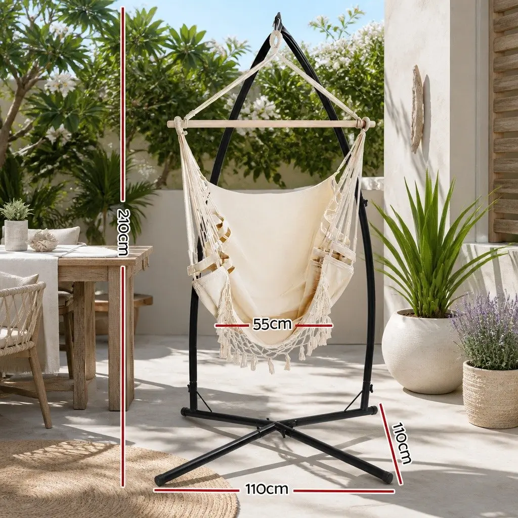 Hammock Chair with Steel Stand Outdoor Indoor Hanging Cream Tassel Furniture