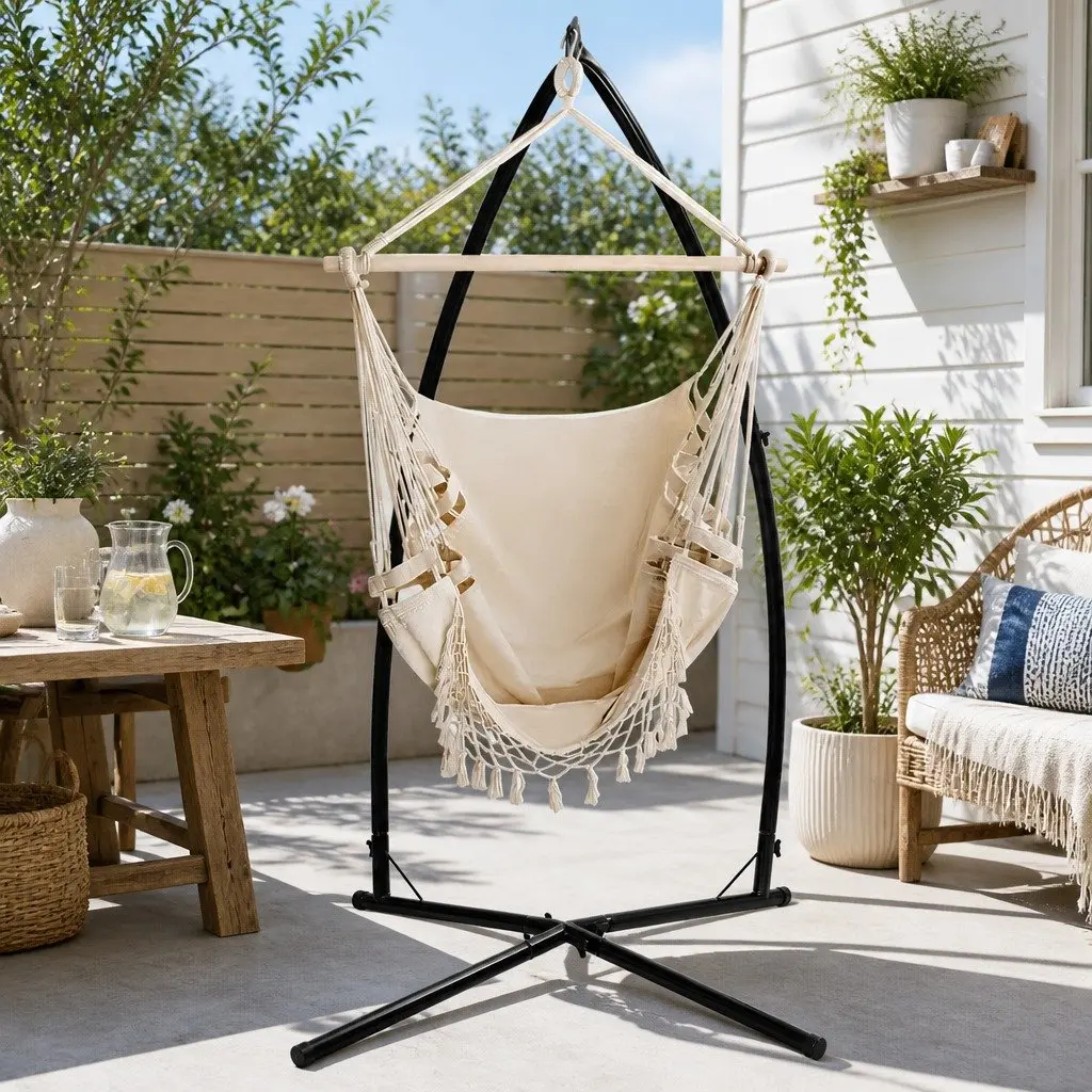 Hammock Chair with Steel Stand Outdoor Indoor Hanging Cream Tassel Furniture