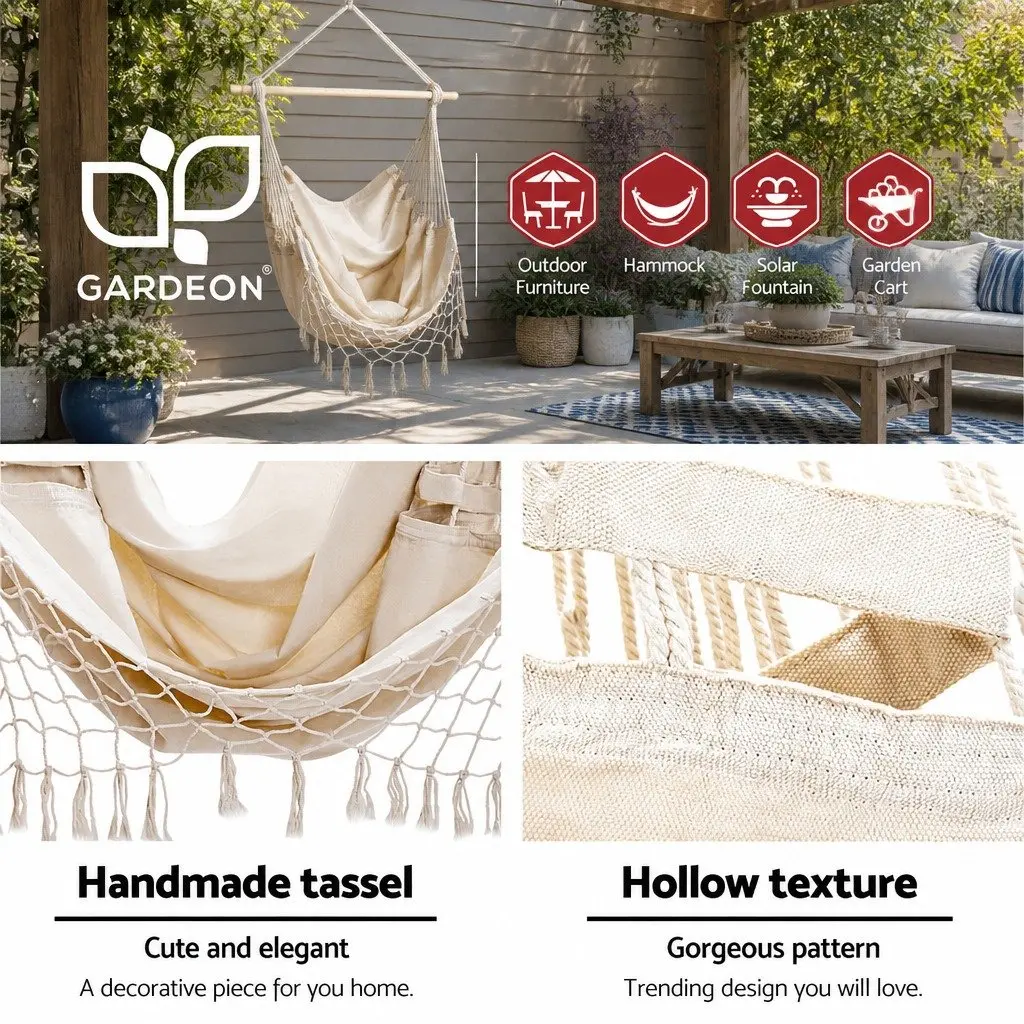 Hammock Chair with Steel Stand Outdoor Indoor Hanging Cream Tassel Furniture