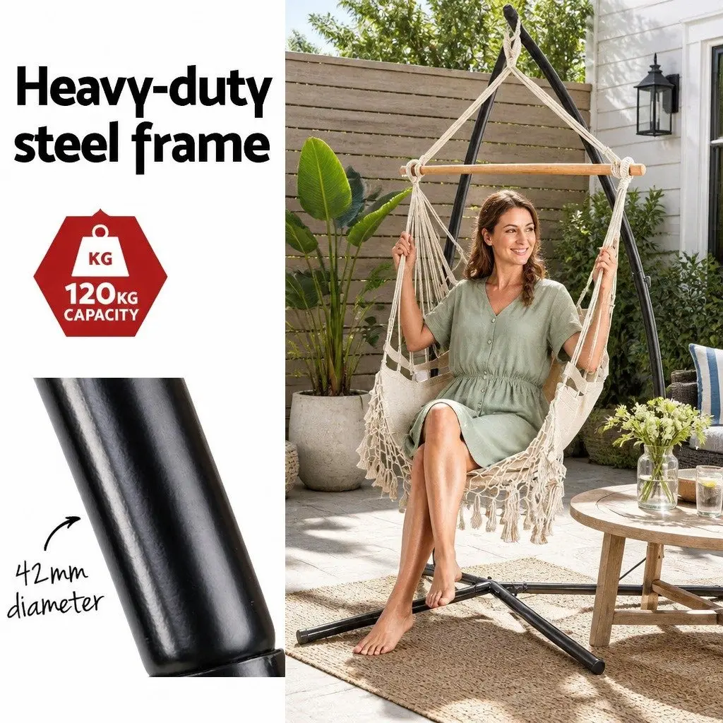 Hammock Chair with Steel Stand Outdoor Indoor Hanging Cream Tassel Furniture