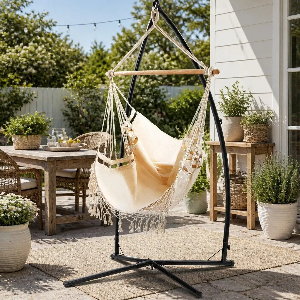 Hammock Chair with Steel Stand Outdoor Indoor Hanging Cream Tassel Furniture
