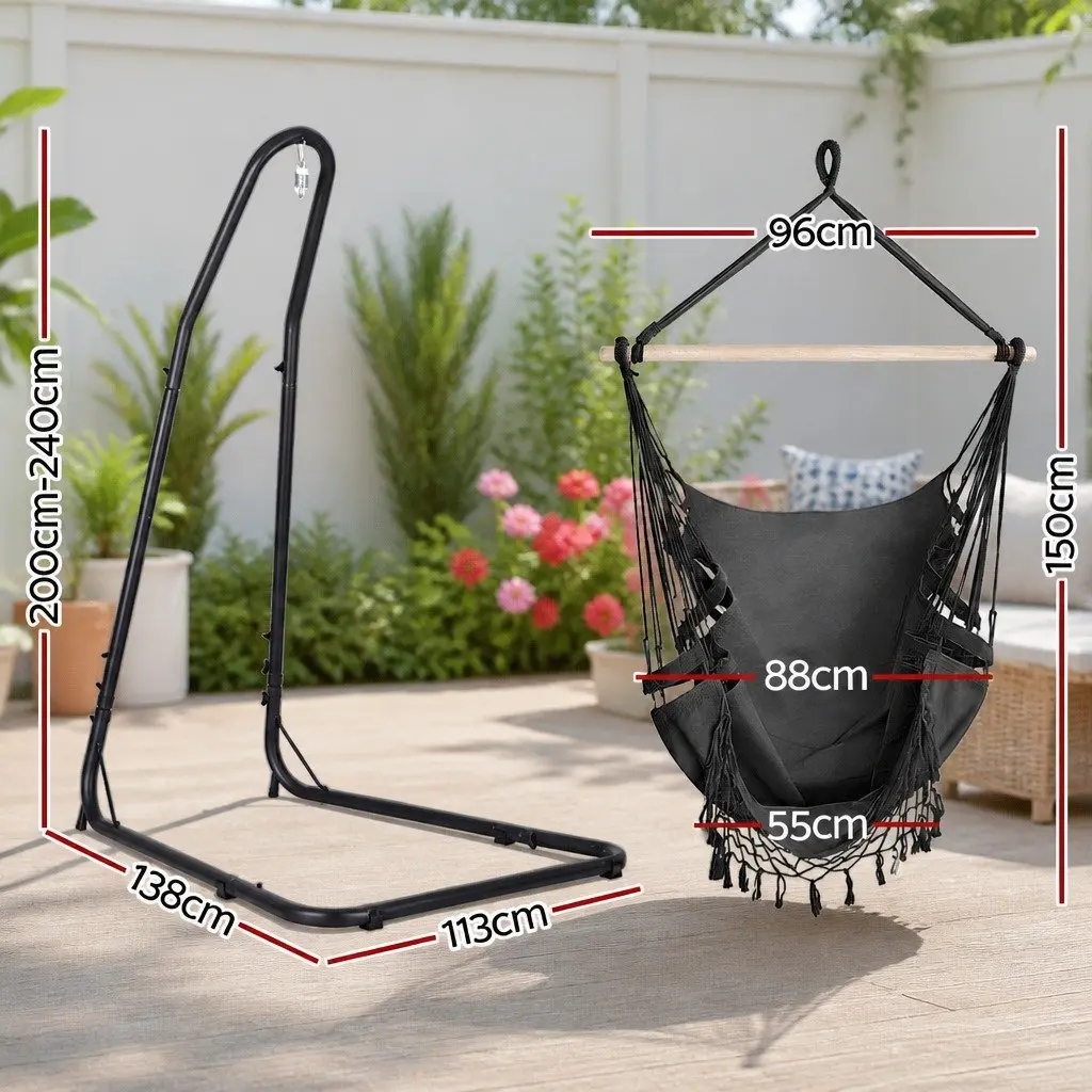 Hammock Chair Grey with Steel Stand Indoor Outdoor Adjustable Height Relaxation Furniture
