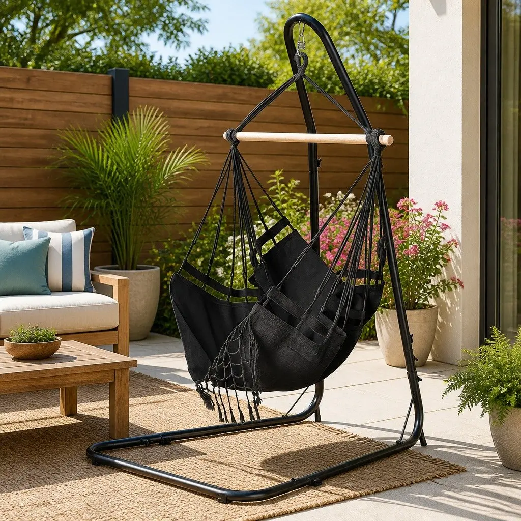 Hammock Chair Grey with Steel Stand Indoor Outdoor Adjustable Height Relaxation Furniture