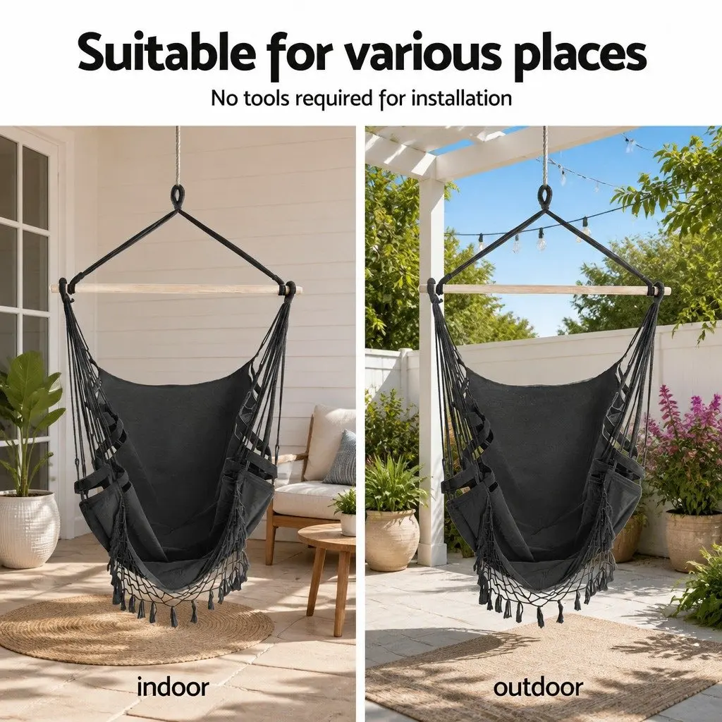 Hammock Chair Grey with Steel Stand Indoor Outdoor Adjustable Height Relaxation Furniture