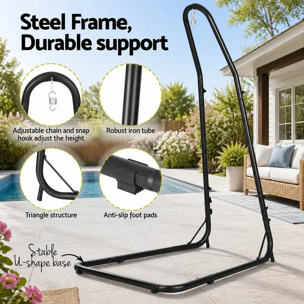 Hammock Chair Grey with Steel Stand Indoor Outdoor Adjustable Height Relaxation Furniture