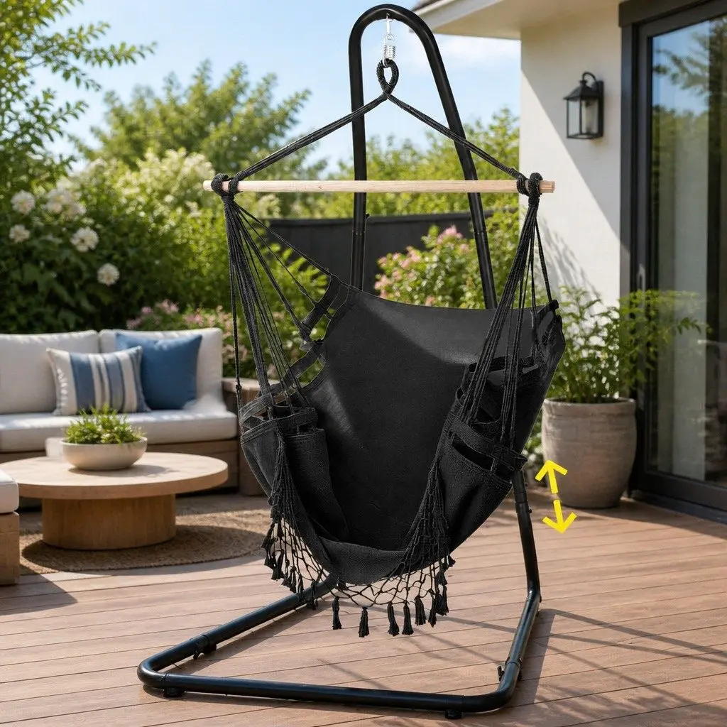 Hammock Chair Grey with Steel Stand Indoor Outdoor Adjustable Height Relaxation Furniture