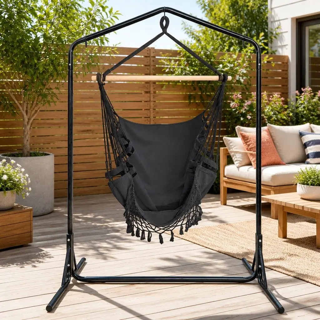 Hammock Chair Grey 150 x 90cm with Stand Powder-coated Steel 360° Rotation