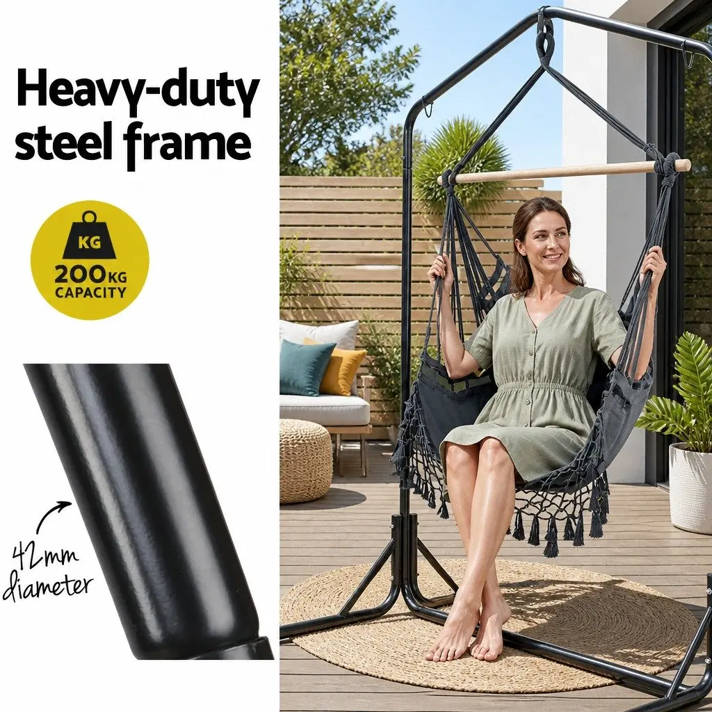 Hammock Chair Grey 150 x 90cm with Stand Powder-coated Steel 360° Rotation