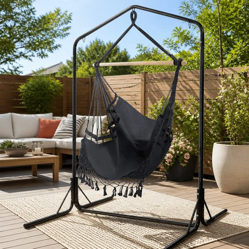 Hammock Chair Grey 150 x 90cm with Stand Powder-coated Steel 360° Rotation