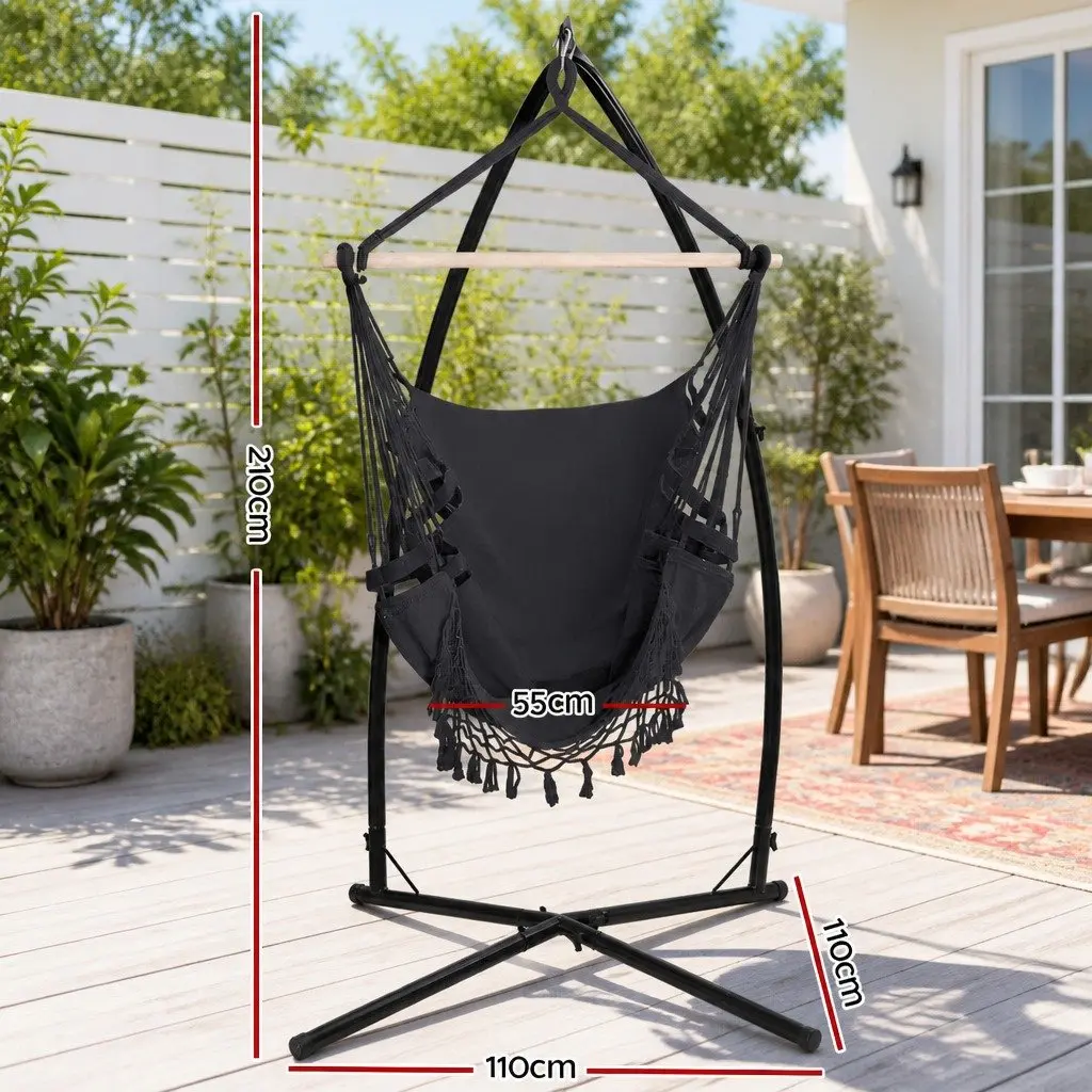 Hammock Chair with Steel Stand Hanging Outdoor Tassel Grey Relaxation Swing