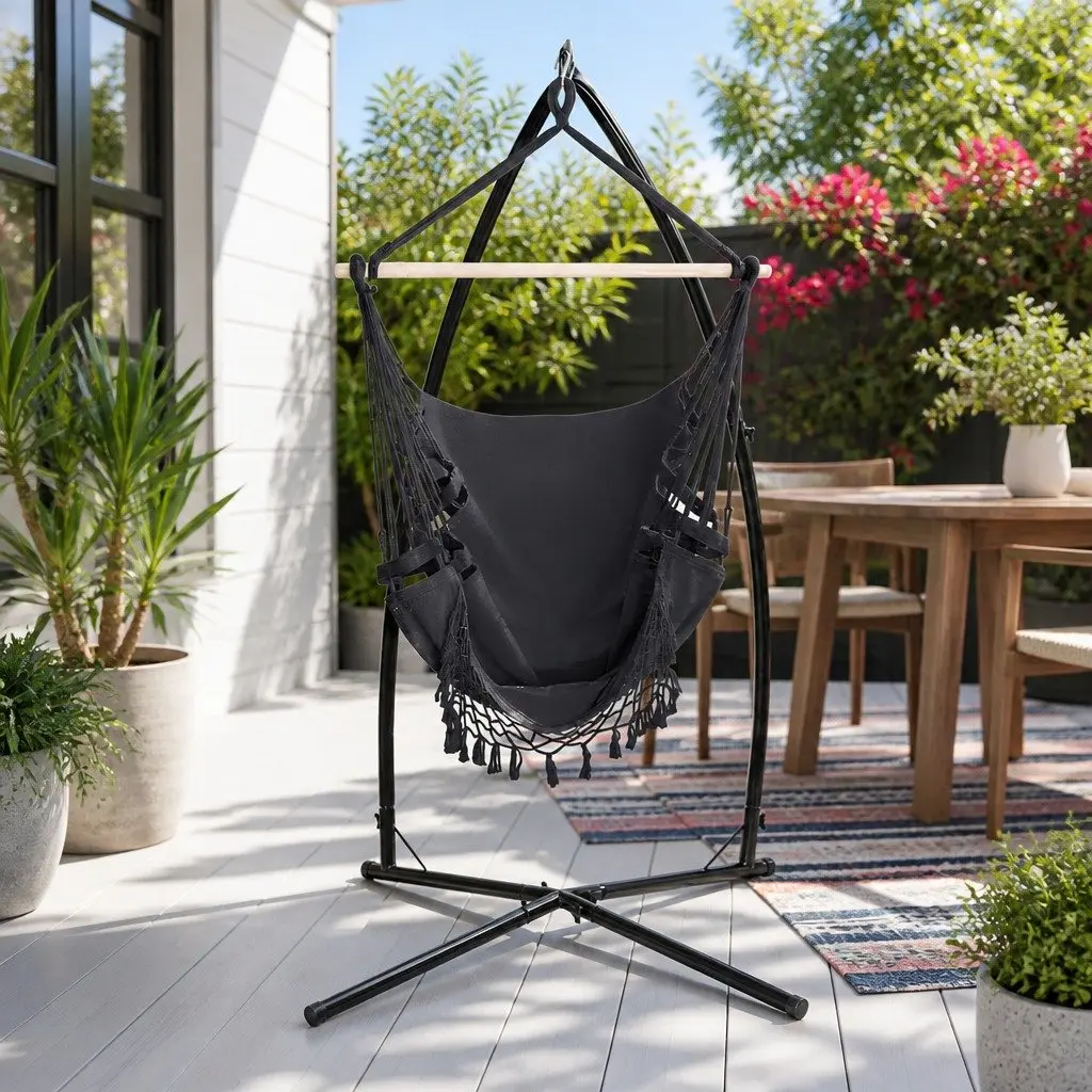 Hammock Chair with Steel Stand Hanging Outdoor Tassel Grey Relaxation Swing